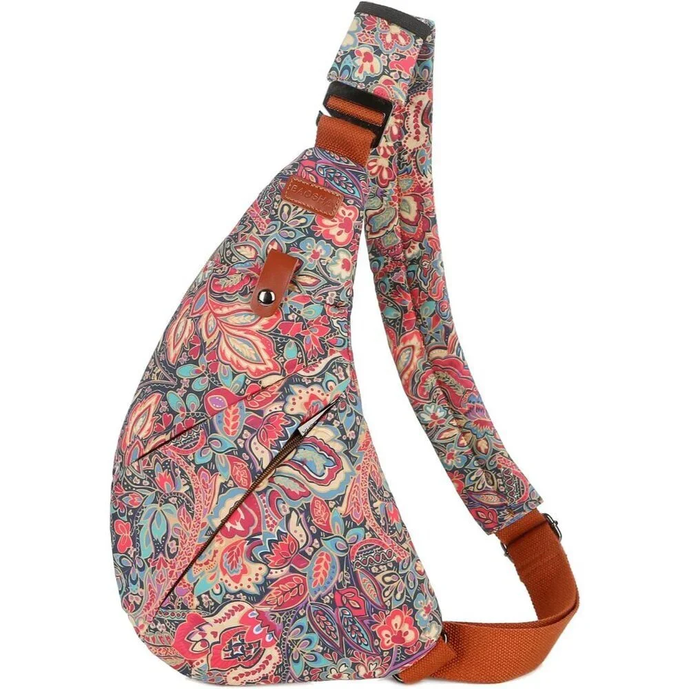 Women's Floral Polyester Crossbody Sling Bag Compact Lightweight Multi-Pocket